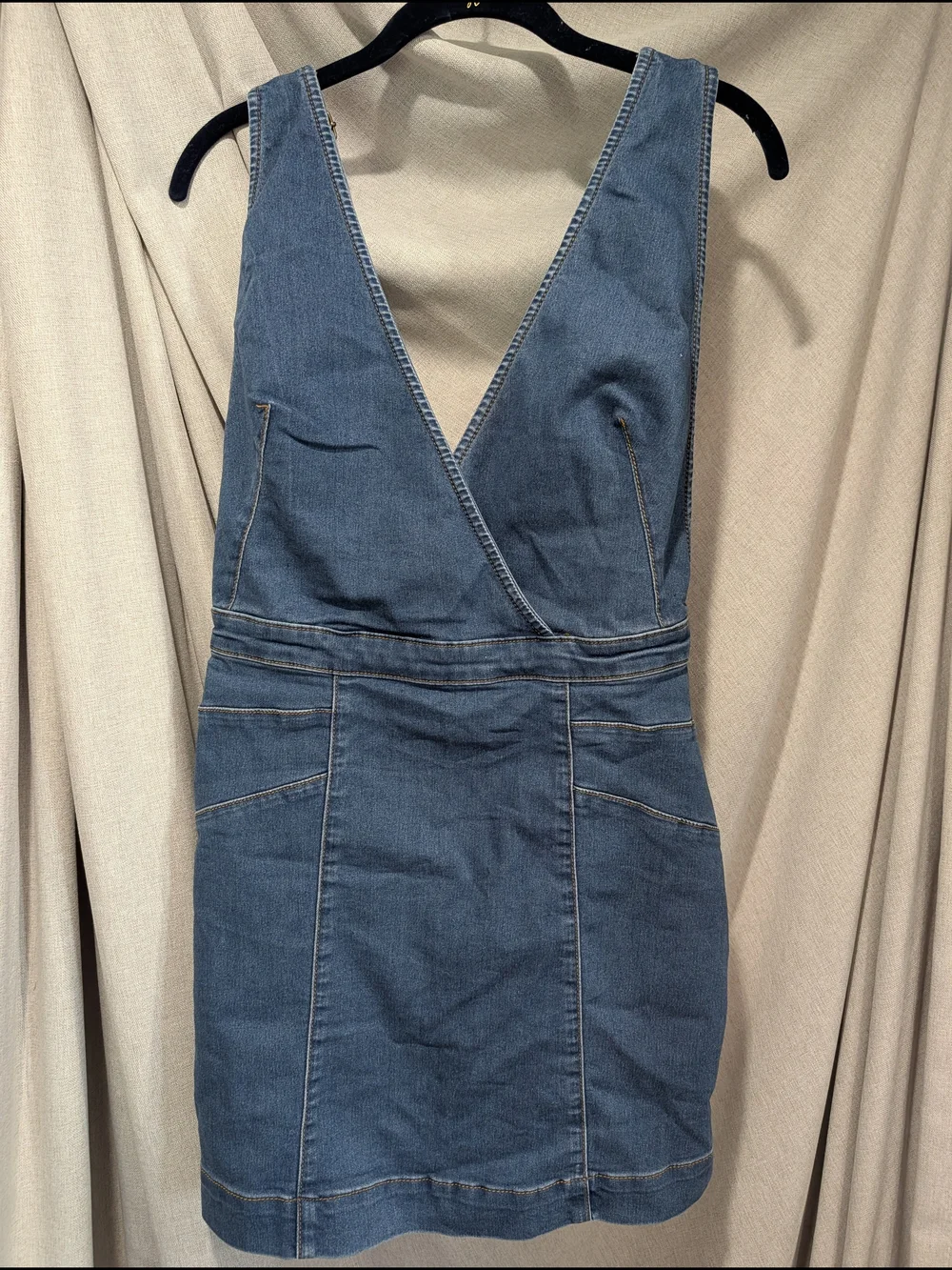Free People Blue Denim Overall V Neck Mini Festival Dress